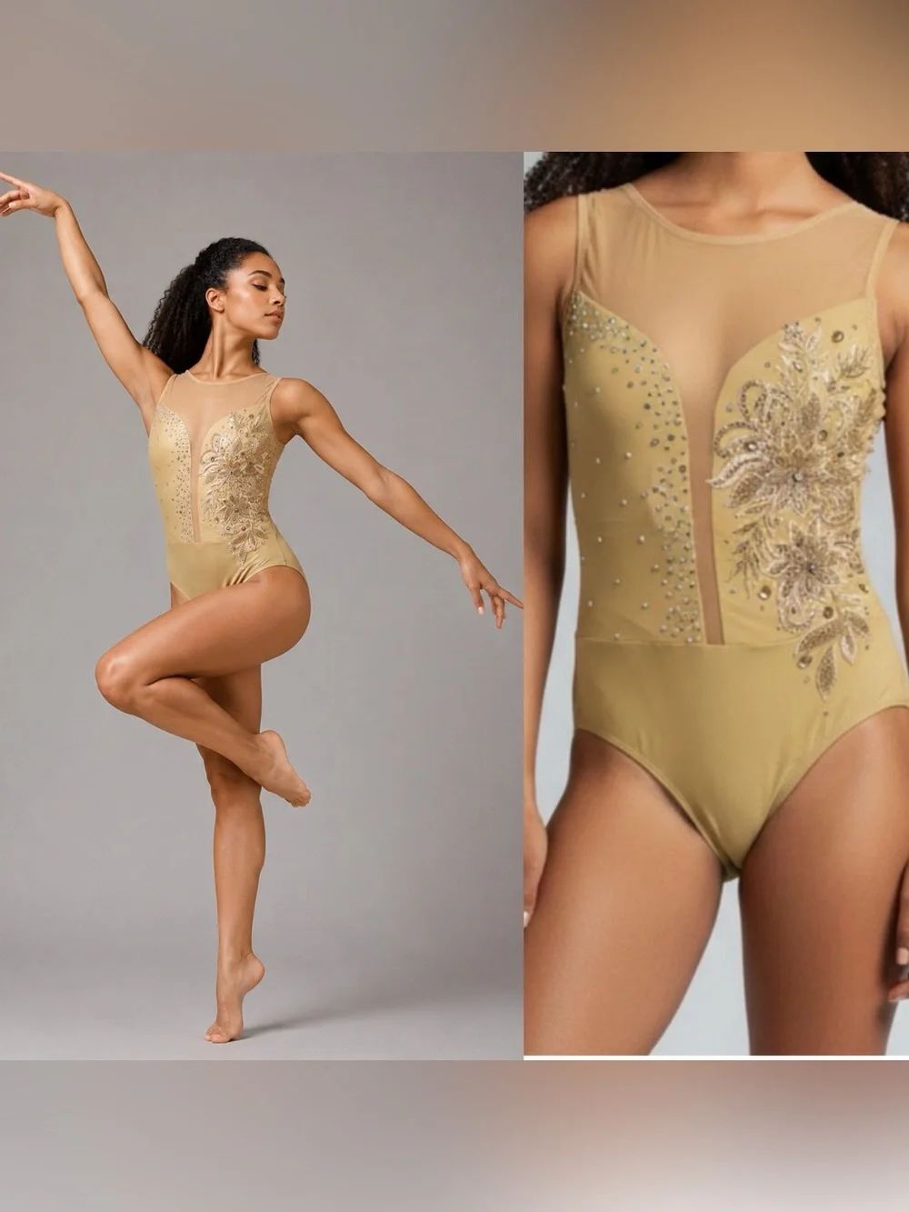 Ilo Gear contemporary open nude tan beige custom dance costume rhinestone MA New